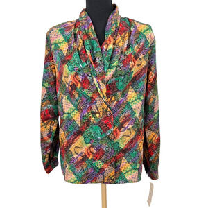 New Vintage Eva Laurel High‎ Neck 60s Pattern Mod Long Sleeve Floral Blouse 10